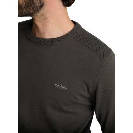 Pull kaki uni en maille avec des broderies apparentes sur les épaules - Image 5