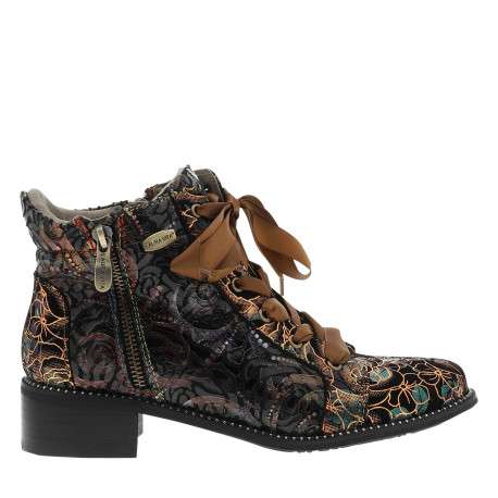 Bottines fleuries multicolores en cuir à talon décroché bas et à lacets