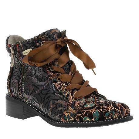 Bottines fleuries multicolores en cuir à talon décroché bas et à lacets - Image 2
