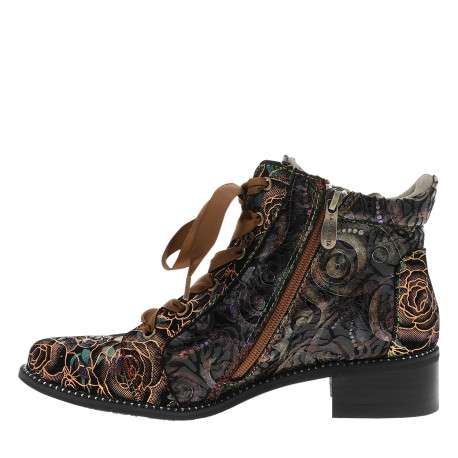 Bottines fleuries multicolores en cuir à talon décroché bas et à lacets - Image 3