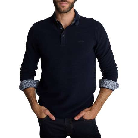 Polo à manches longues bleu marine en maille piquée pourvu d'une coupe droite - Image 3