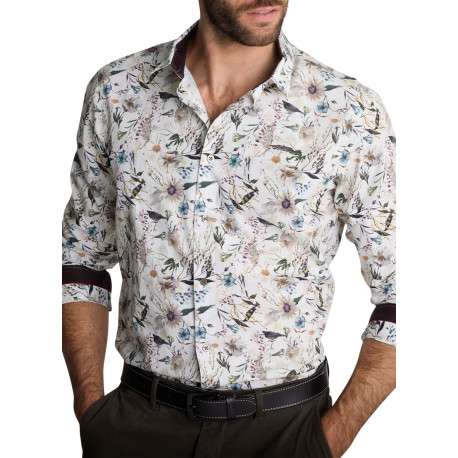 Chemise blanche à imprimé floral multicolore et feuillage à coupe droite - Image 3