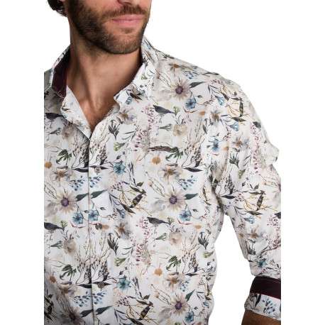 Chemise blanche à imprimé floral multicolore et feuillage à coupe droite - Image 5