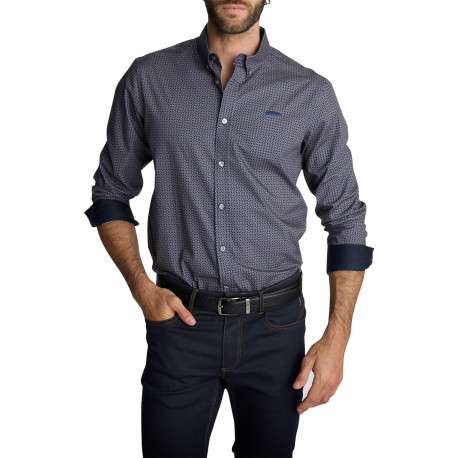 Chemise en coton bleu marine ornée de micro-motifs à coupe droite - Image 3