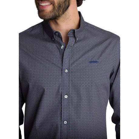 Chemise en coton bleu marine ornée de micro-motifs à coupe droite - Image 5