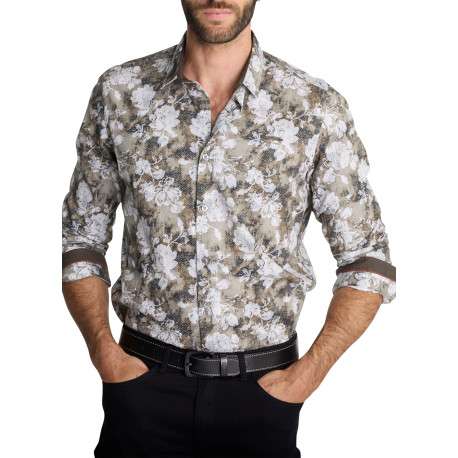 Chemise en coton blanc et kaki à motifs floraux dotée d'une coupe droite - Image 3