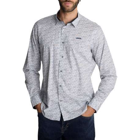 Chemise blanche en coton à micro-imprimé floral blanc et bleu à coupe droite