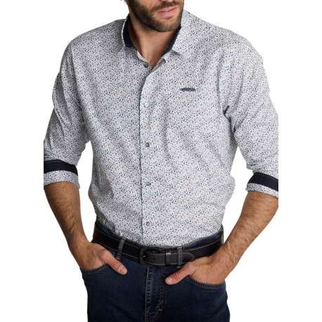 Chemise blanche en coton à micro-imprimé floral blanc et bleu à coupe droite - Image 3