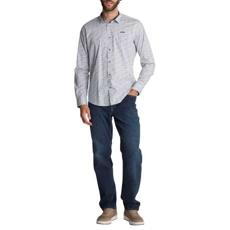 Chemise blanche en coton à micro-imprimé floral blanc et bleu à coupe droite - Image 4
