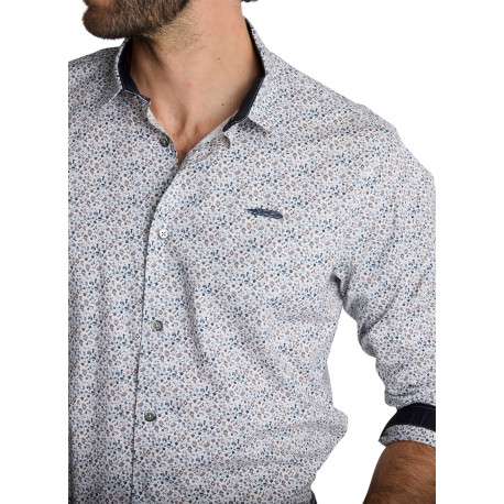 Chemise blanche en coton à micro-imprimé floral blanc et bleu à coupe droite - Image 5