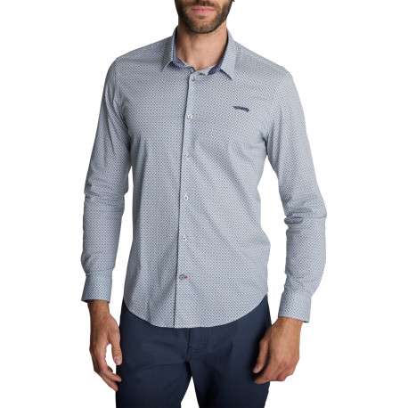 Chemise en coton bleue à micro-motifs géométriques à coupe droite