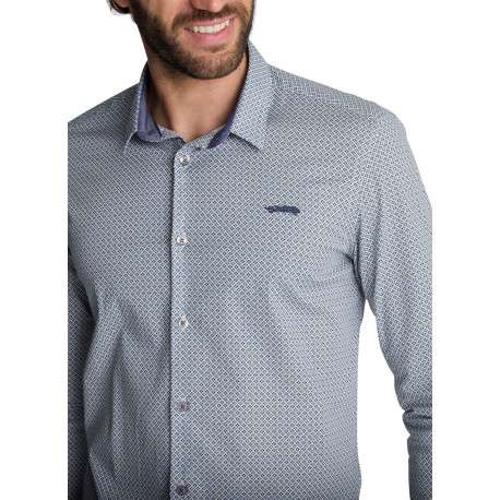 Chemise en coton bleue à micro-motifs géométriques à coupe droite - Image 5