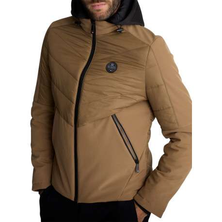 Doudoune taupe matelassée à capuche pourvue d'une coupe droite