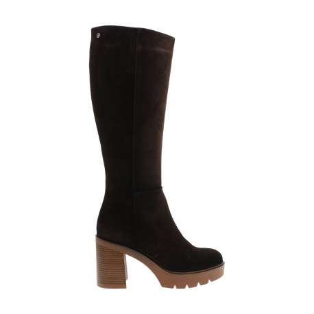 Bottes hautes en cuir chocolat à talon décroché haut pourvues d'un zip latéral