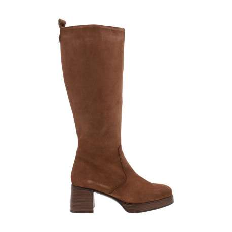 Bottes hautes en cuir cognac à talon décroché moyen pourvues d'un zip latéral