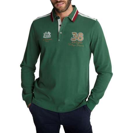 Polo vert à manches longues en coton à bandes tricolores et broderies