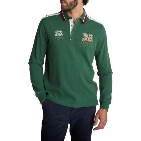 Polo vert à manches longues en coton à bandes tricolores et broderies - Image 3