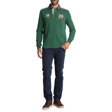 Polo vert à manches longues en coton à bandes tricolores et broderies - Image 4