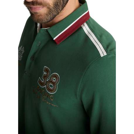 Polo vert à manches longues en coton à bandes tricolores et broderies - Image 5