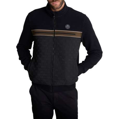 Veste zippée noire à buste jacquard gaufré et bande marron sur la poitrine