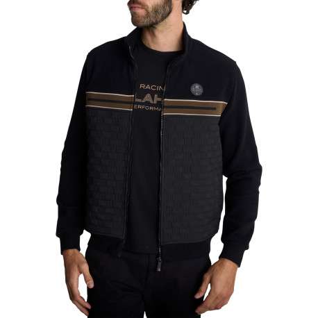 Veste zippée noire à buste jacquard gaufré et bande marron sur la poitrine - Image 3