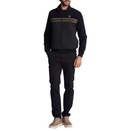 Veste zippée noire à buste jacquard gaufré et bande marron sur la poitrine - Image 4