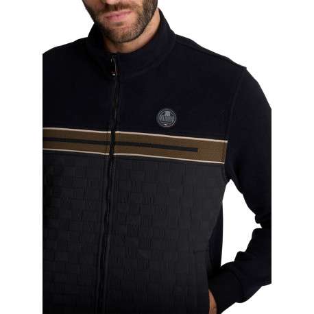 Veste zippée noire à buste jacquard gaufré et bande marron sur la poitrine - Image 5