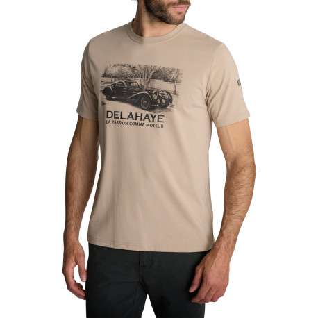 T-shirt à col rond écru et sérigraphie automobile rétro sur la poitrine