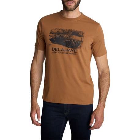 T-shirt camel à col et sérigraphie automobile rétro sur la poitrine