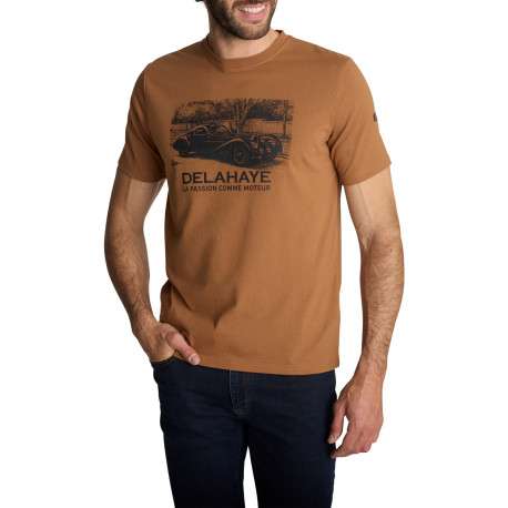 T-shirt camel à col et sérigraphie automobile rétro sur la poitrine - Image 3