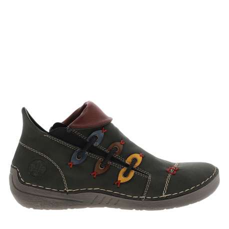 Boots simili cuir noir avec rabat rouge et détails colorés et fermeture zippée