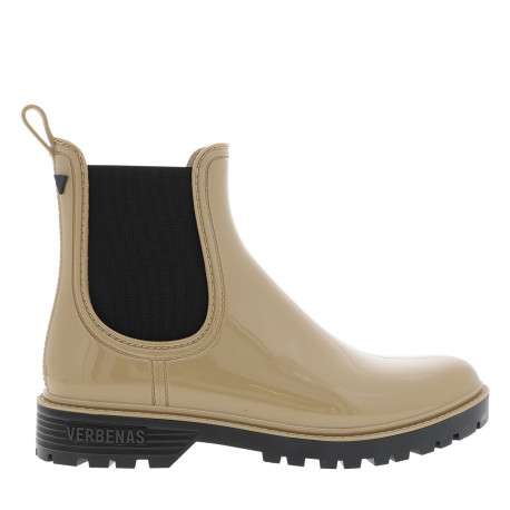 Boots beiges vernies à talon décroché bas et à soufflet élastiqué