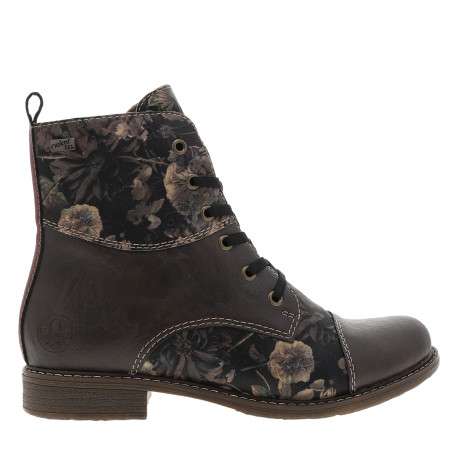 Bottines marron à talon plat ornées d'un empiècement à motif floral