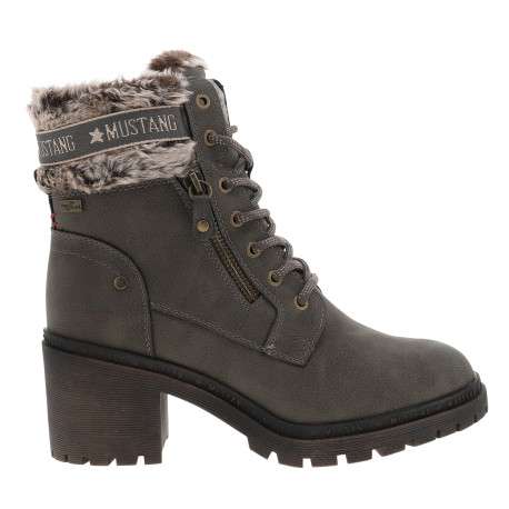 Bottines taupe à talon décroché moyen agrémenté de maille sherpa sur la tige