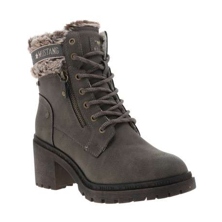 Bottines taupe à talon décroché moyen agrémenté de maille sherpa sur la tige - Image 2
