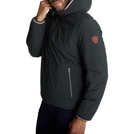 Blouson réversible bleu et gris doté d'une capuche réversible à coupe droite
