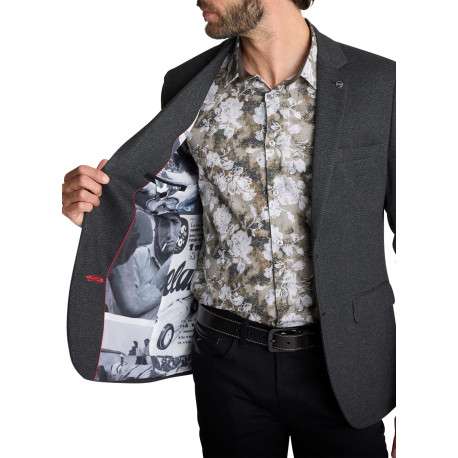 Blazer gris texturé uni pourvu d'une coupe droite et un col à revers - Image 4