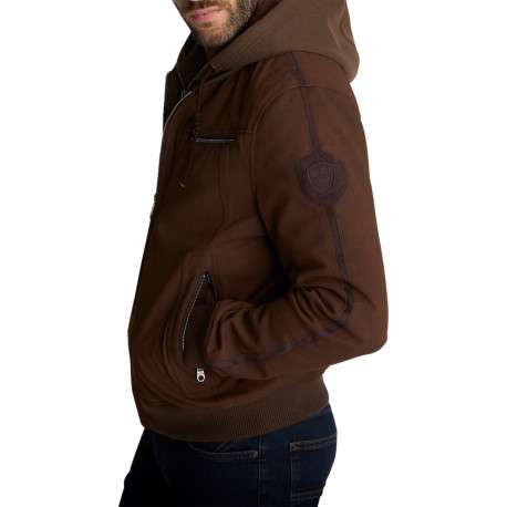 Blouson marron à capuche amovible en molleton et écusson logotypé - Image 3