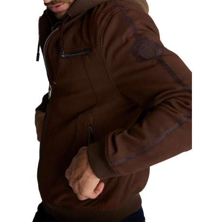 Blouson marron à capuche amovible en molleton et écusson logotypé - Image 5