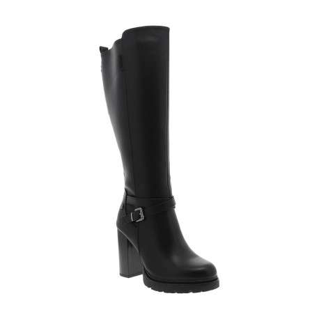 Bottes hautes noires à talon décroché haut agrémenté d'une boucle métallique - Image 2
