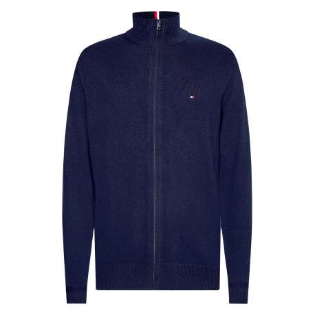 Cardigan zippé en coton biologique mélangé marine uni avec une coupe droite et col montant