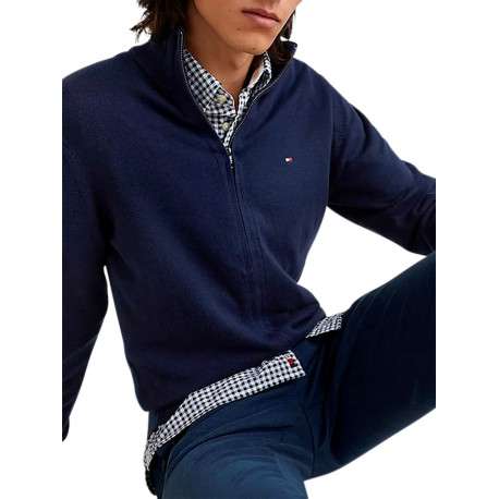 Cardigan zippé en coton biologique mélangé marine uni avec une coupe droite et col montant - Image 3