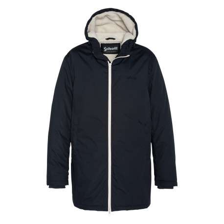 Parka longue marine unie à coupe droite avec un col à capuche et logo brodé