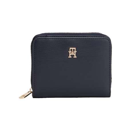 Porte-monnaie marine uni avec logo doré et fermeture à zip + bouton pression