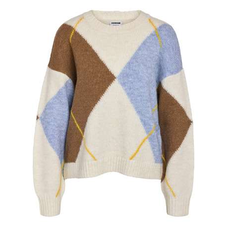 Pull écru à losanges avec un col rond et des manches oversizes