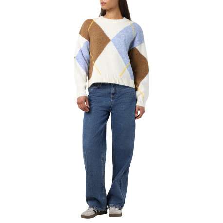 Pull écru à losanges avec un col rond et des manches oversizes - Image 5