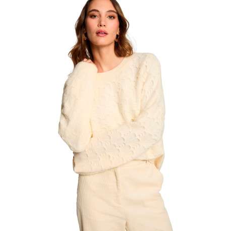 Pull écru uni pourvu d'un col rond côtelé et de manches longues - Image 2