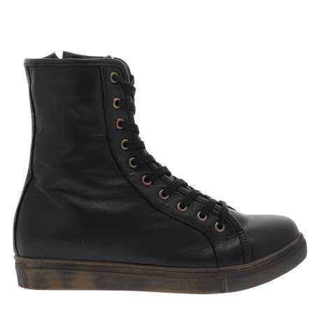Bottines en cuir souple noir à semelle vulcanisée et à lacets et zip latéral