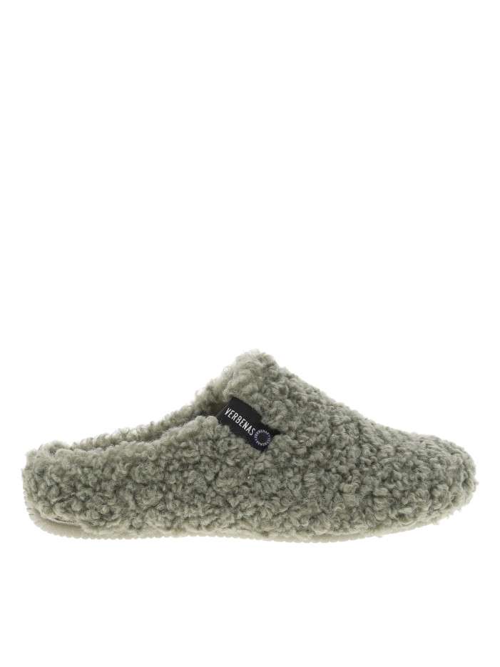 Mules vertes à talon plat en sherpa avec étiquette de la marque noire