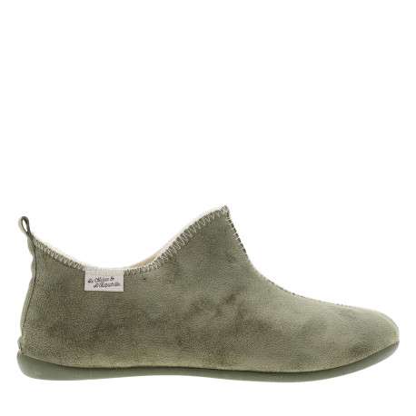 Pantoufles charentaise kaki à talon plat avec revêtement en lainage